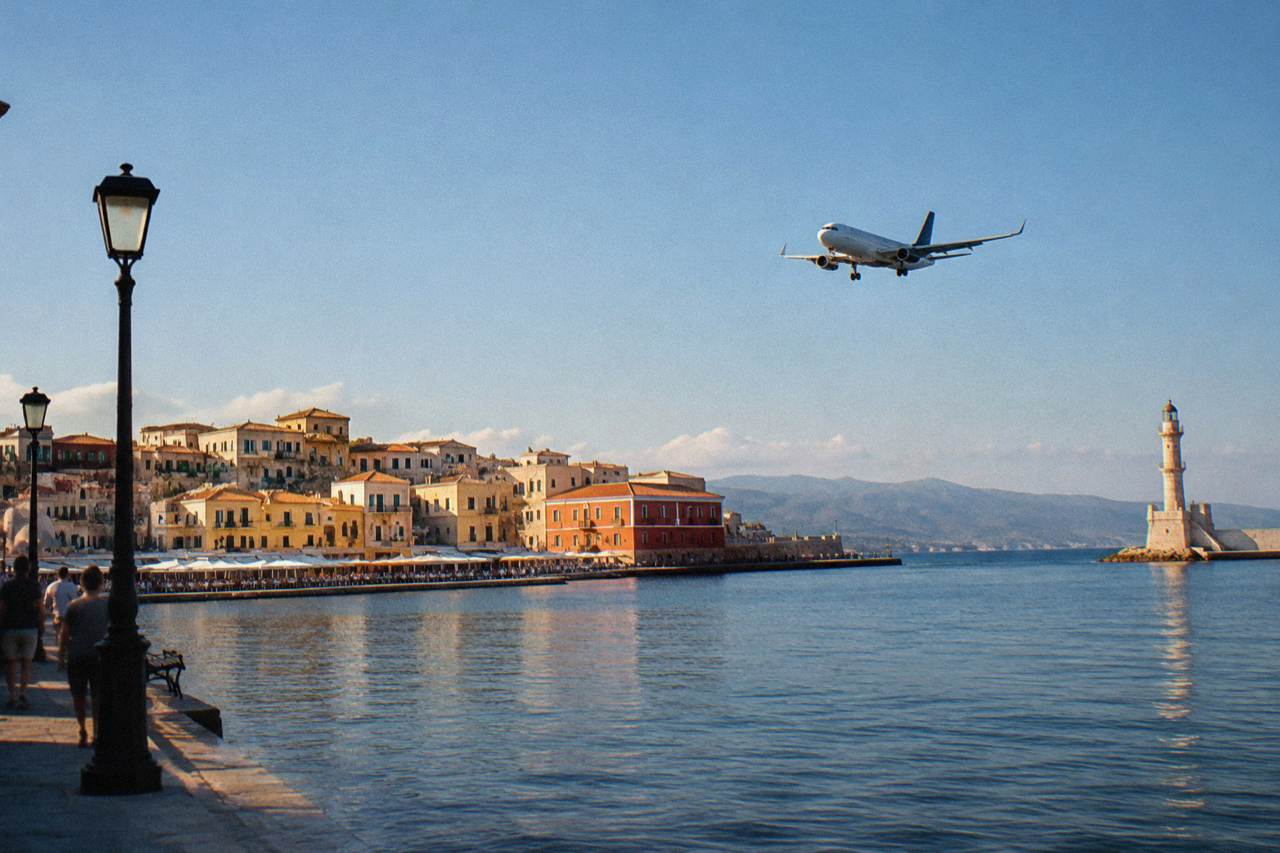 A passenger plane descending over a sunlit coastal town and harbour on a Greek island