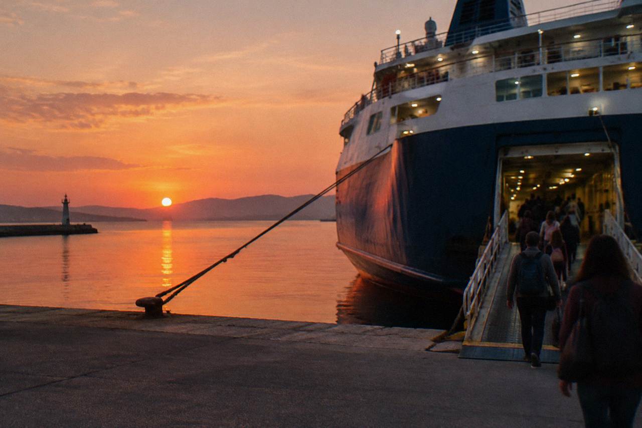 A large overnight ferry docked at a Greek port at dusk, with passengers boarding via a gangway