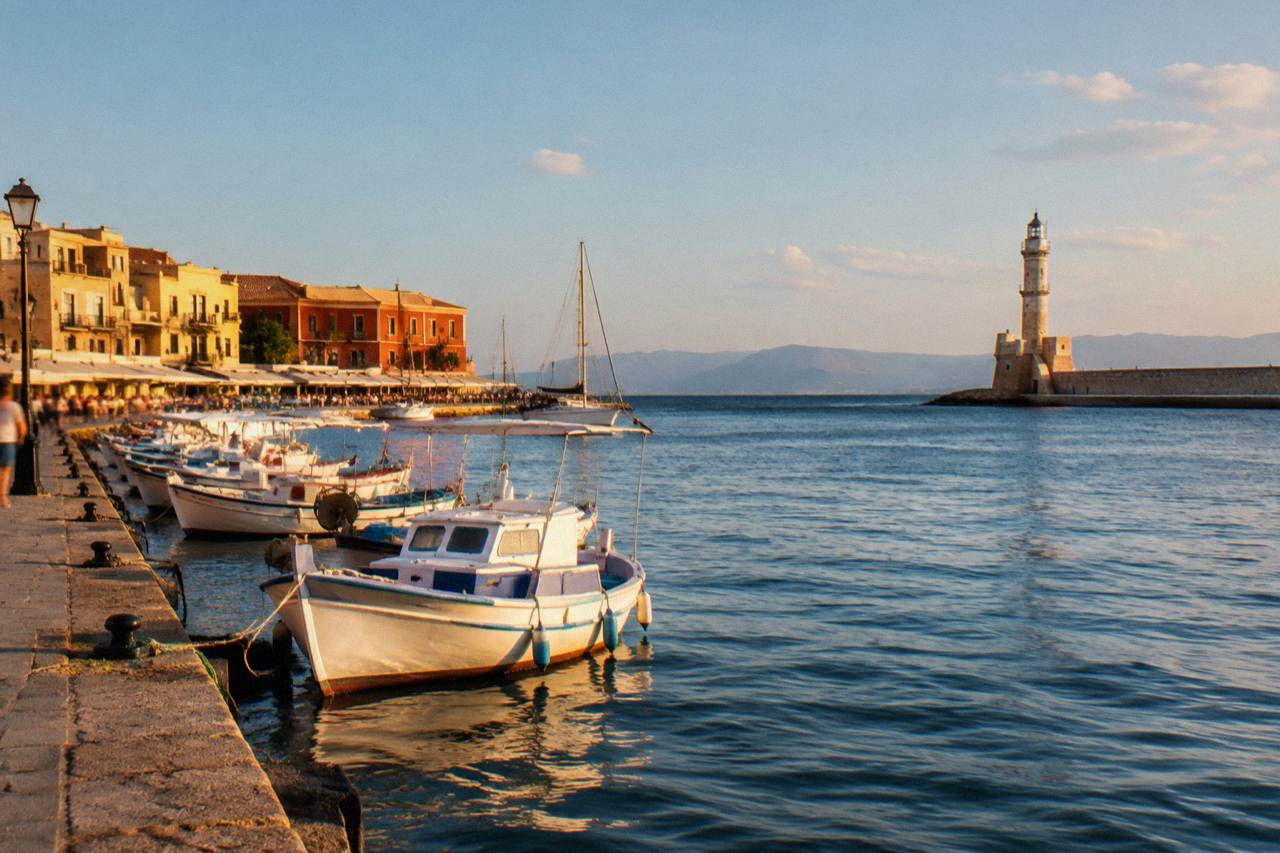 The Venetian Harbour of Chania at midday, with boats moored along the quay and the lighthouse at the end of the breakwater
