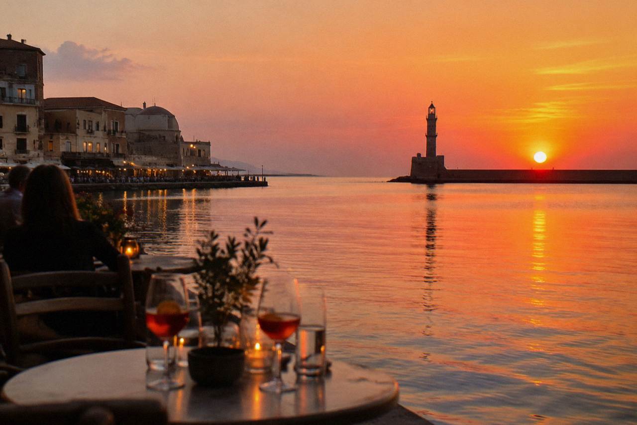 Evening tables with drinks beside the water at the Venetian Harbour in Chania
