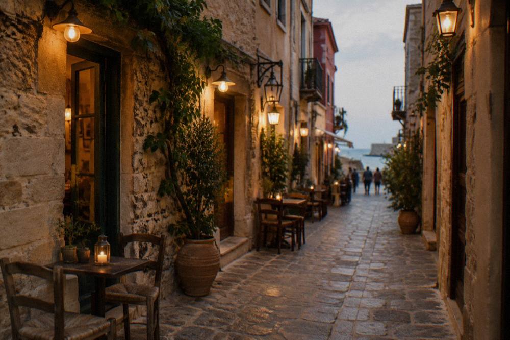 A narrow Old Town lane in Chania lit by warm lamps above bar and restaurant doorways