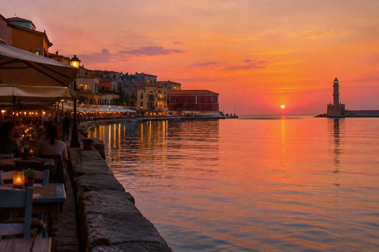 Waterfront restaurants and old buildings along the Venetian Harbour in Chania at dusk