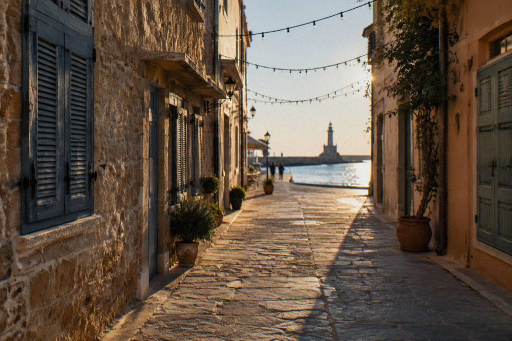 A quiet stone alley with strung lights and closed shutters in Chania Old Town in the early morning