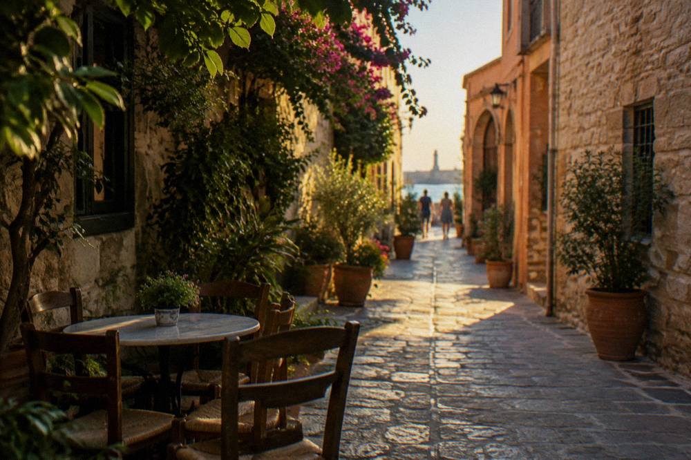 A quiet stone alley in Chania Old Town with potted plants and a small cafe table in the shade