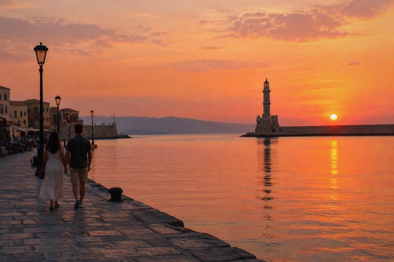 A couple walking along the Venetian Harbour in Chania at dusk with the lighthouse in the distance