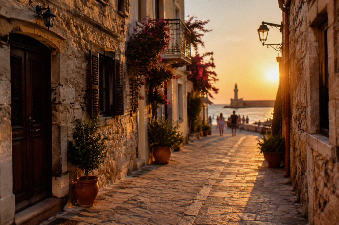 Narrow stone street in Chania Old Town with old buildings on both sides