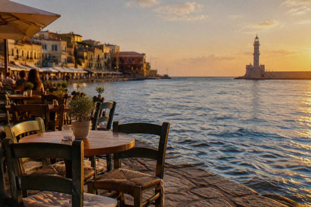 Cafe tables beside the water at the Venetian Harbour in Chania