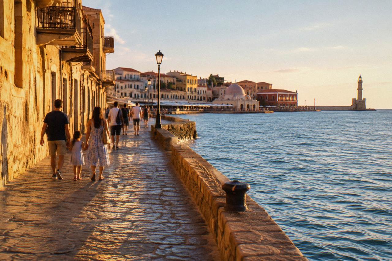 Families walking beside the old stone buildings and harbour wall of Chania Old Town on a bright day
