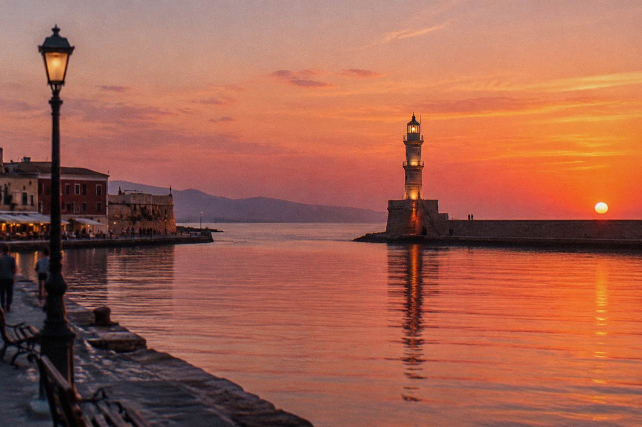 Evening view of the Venetian Harbour in Chania with the lighthouse lit at the end of the mole