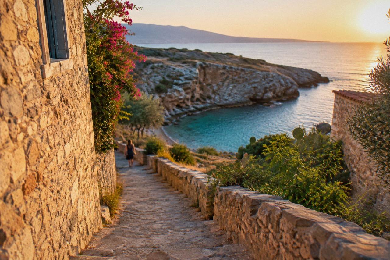 A steep rocky path descending toward a small turquoise cove on the Akrotiri peninsula near Chania
