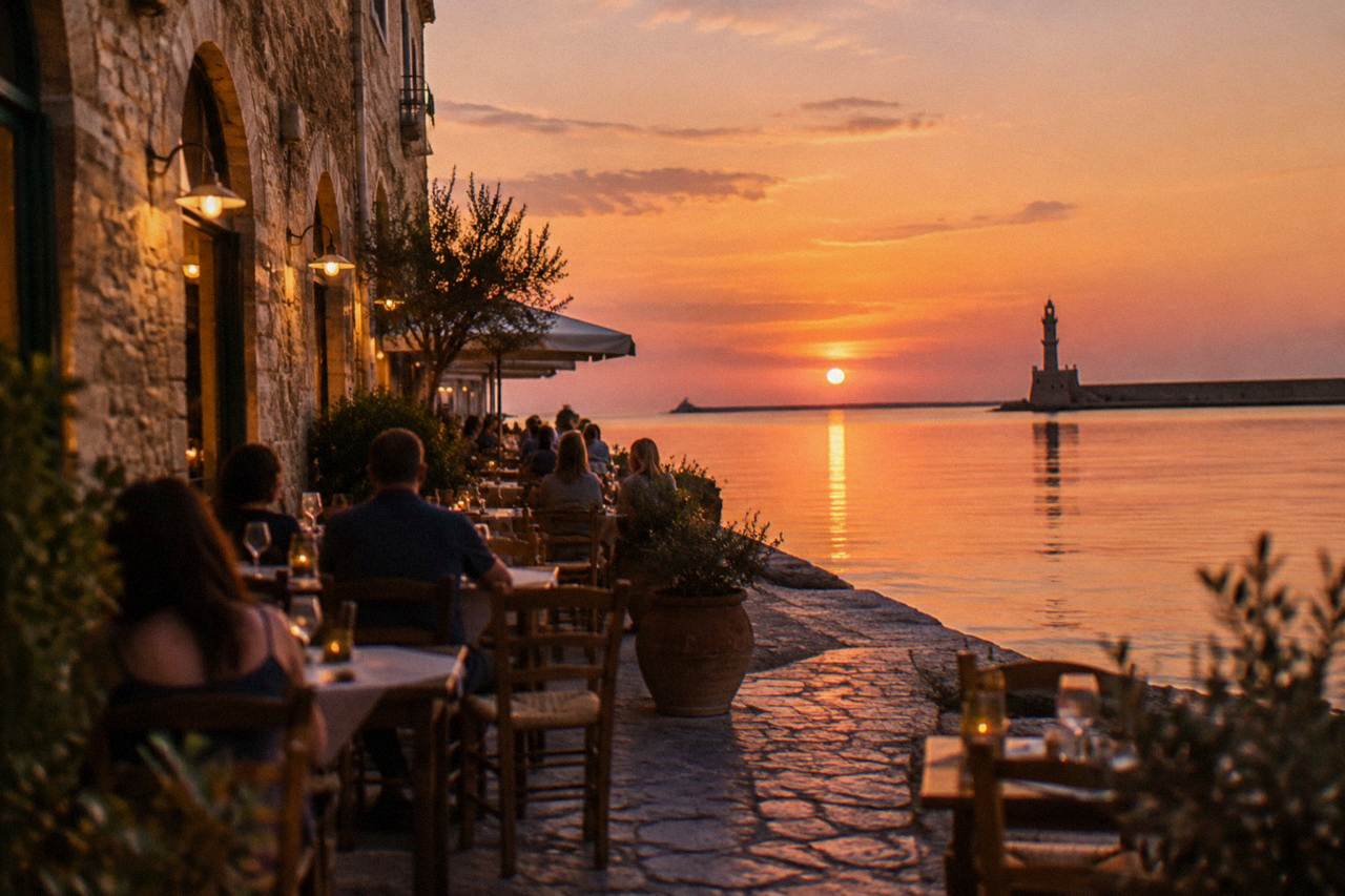 Outdoor tables beside a stone building in the evening, with diners seated under warm lights