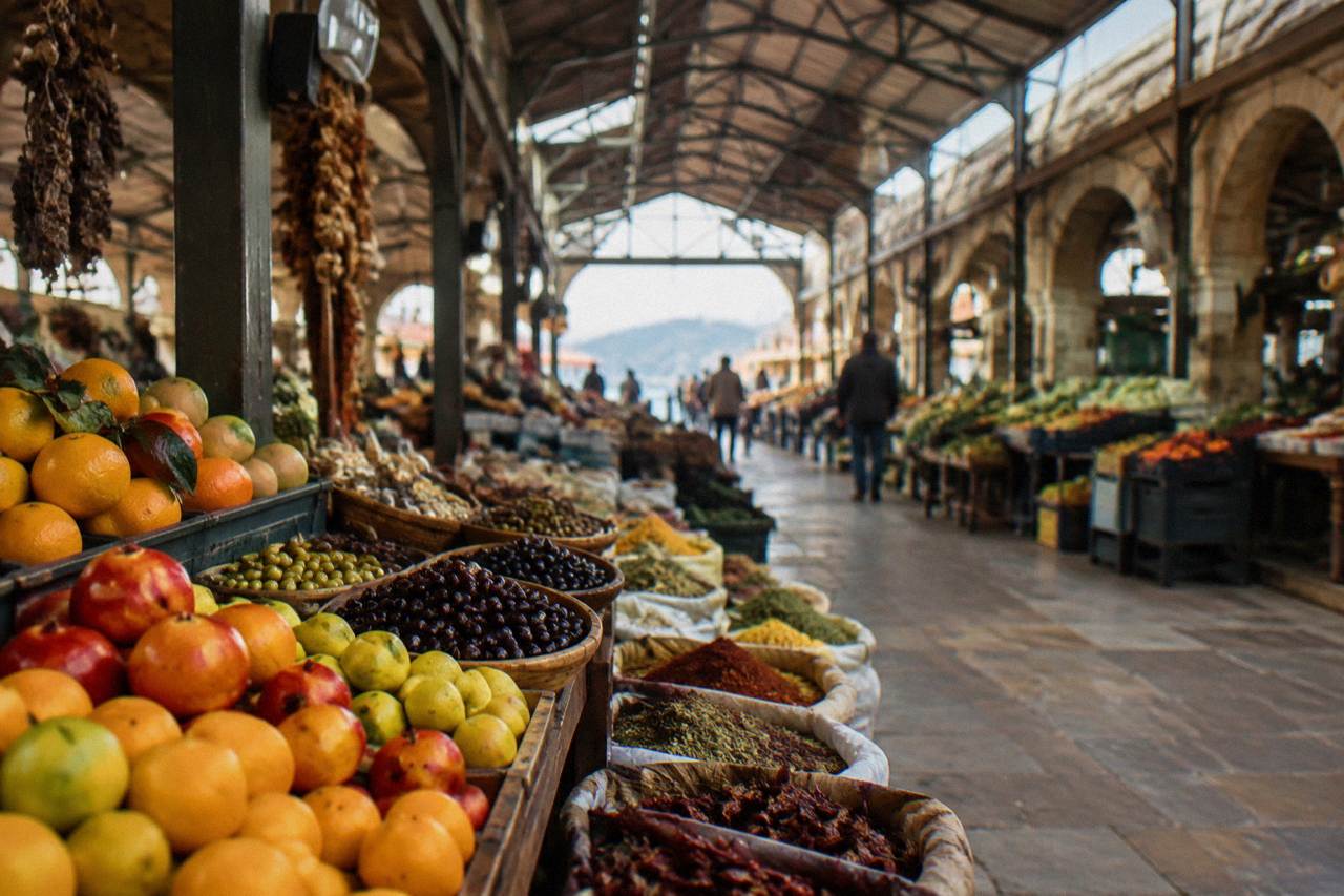 Covered market hall in Chania with stalls of fruit, olives and spices under a long roof