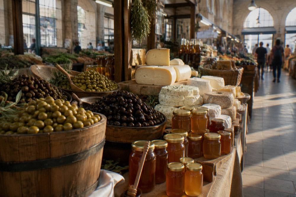 Stall of Cretan olives, cheese and jars of honey displayed in an indoor market in Chania