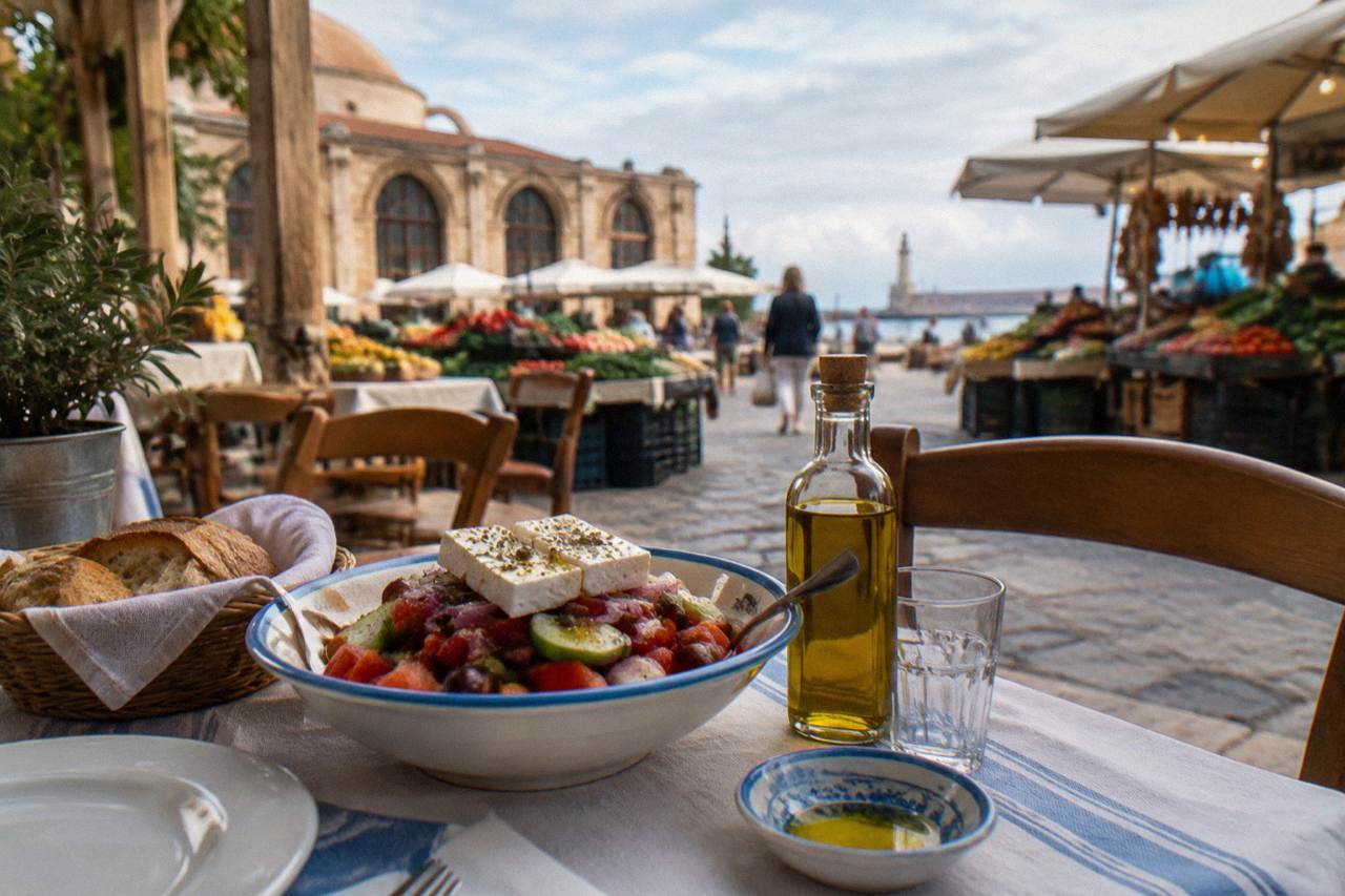 A taverna table in Chania with Cretan salad, bread and a bottle of olive oil