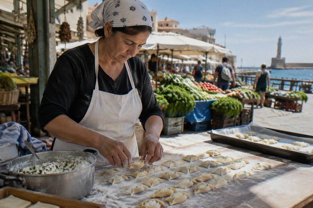 A cook laying out small Cretan cheese pastries on a floured table before baking