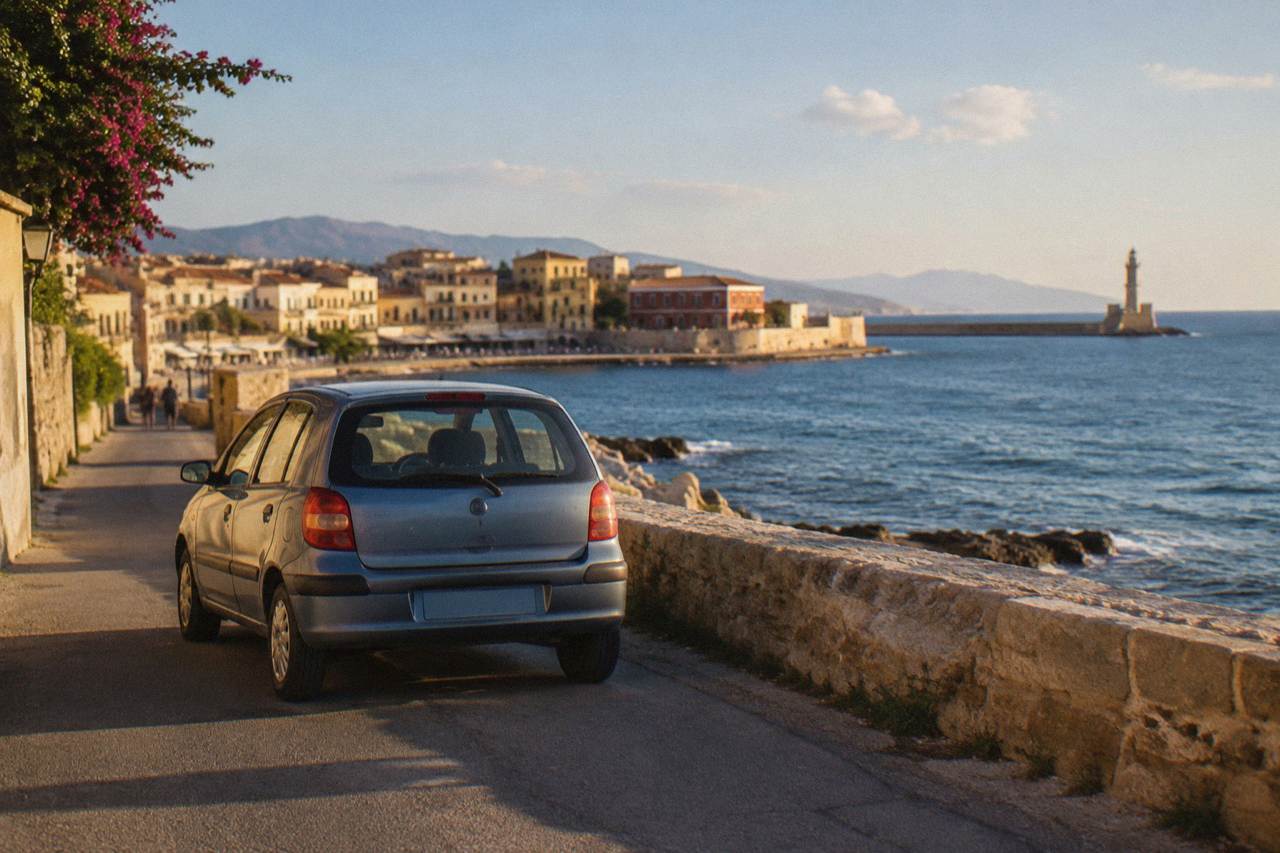 A small rental car parked on a quiet coastal road above the sea in western Crete