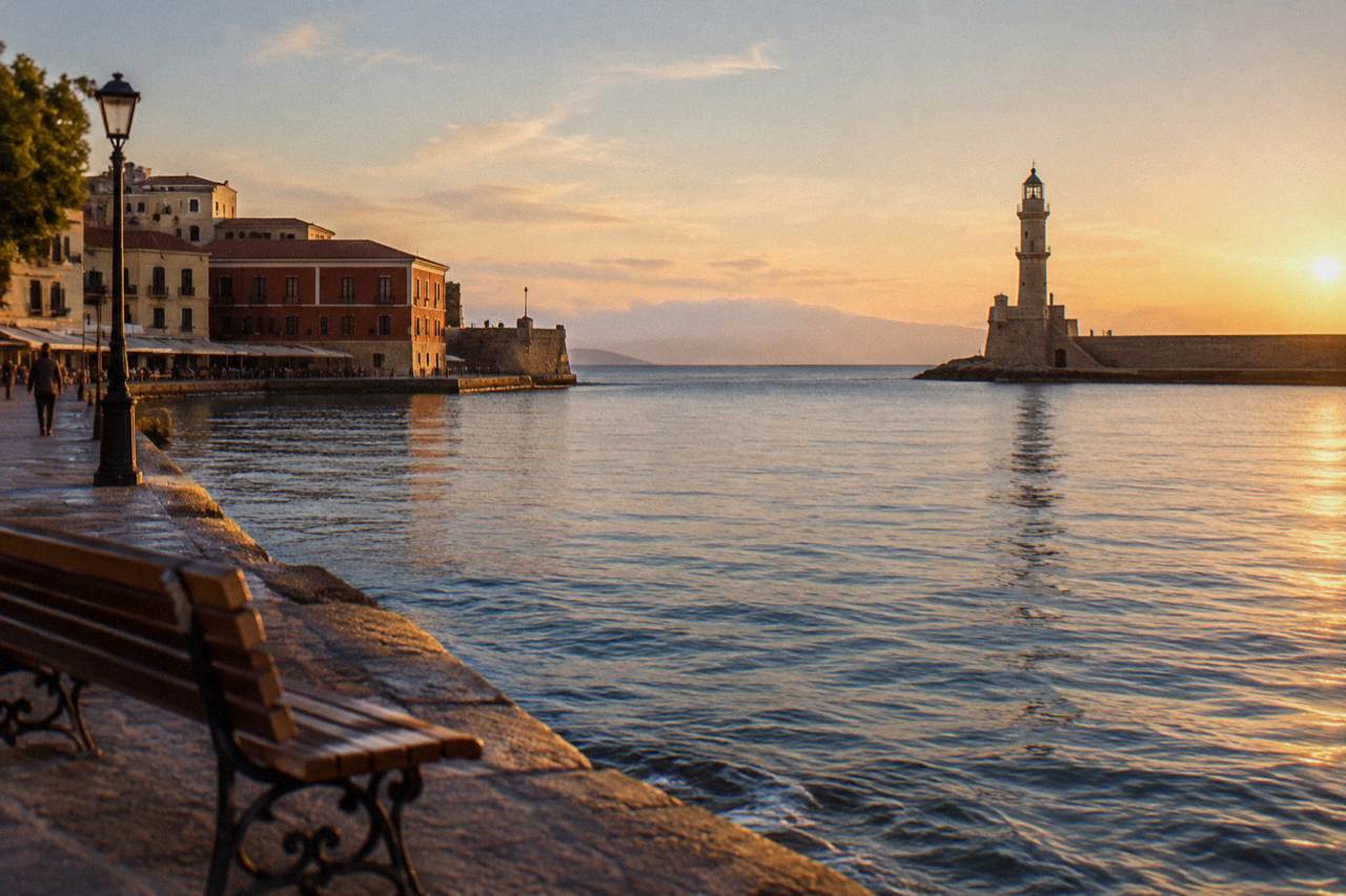The Venetian Harbour of Chania in calm morning light with the lighthouse at the end of the mole