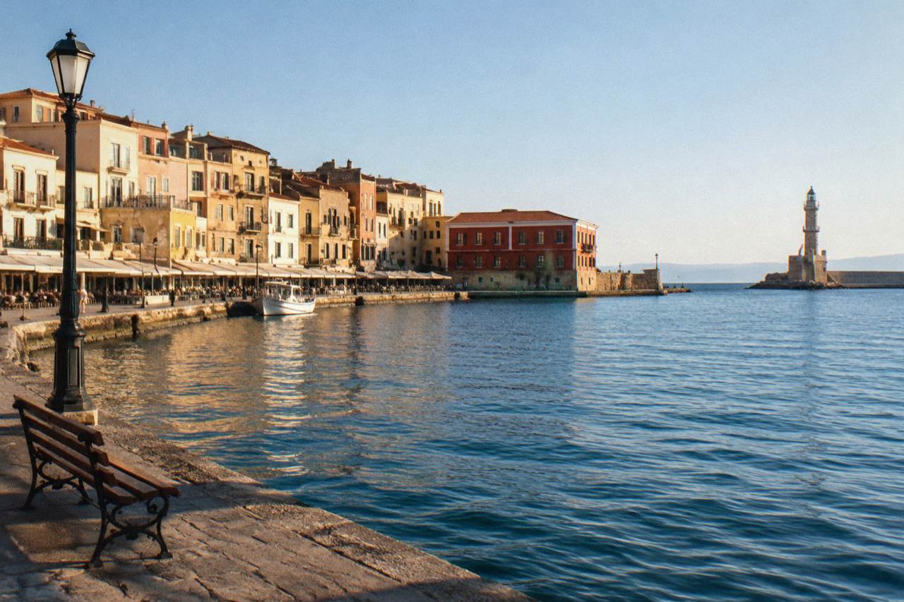 Sunlit waterfront buildings along the Venetian Harbour in Chania under a clear summer sky
