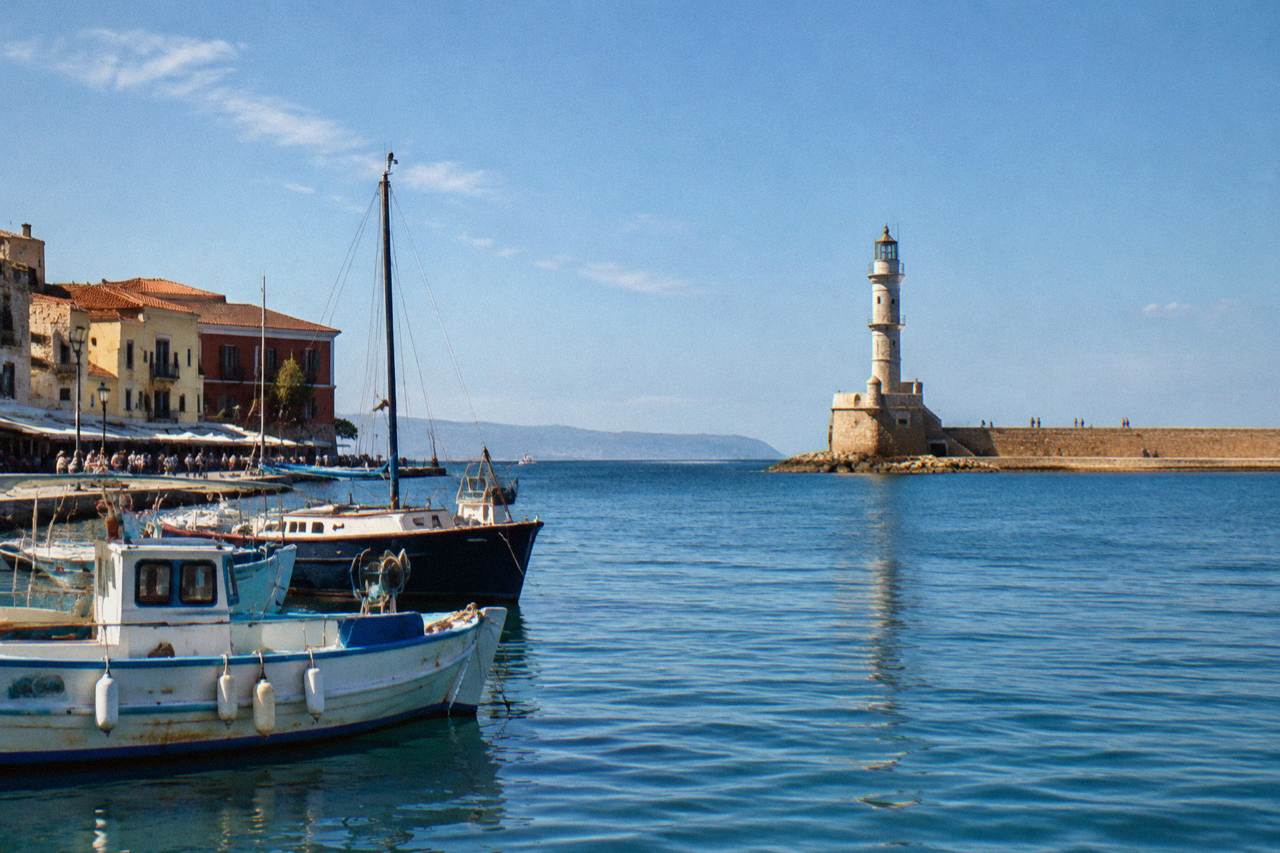 The Venetian Harbour of Chania with the lighthouse at the end of the mole and boats moored along the quay