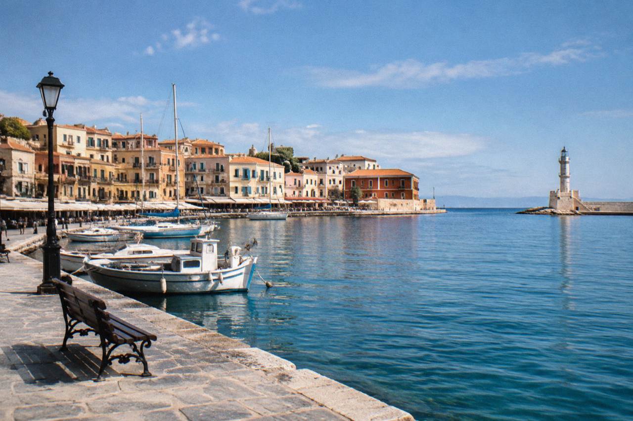 The harbour front of Chania with pastel buildings along the water and boats moored near the breakwater