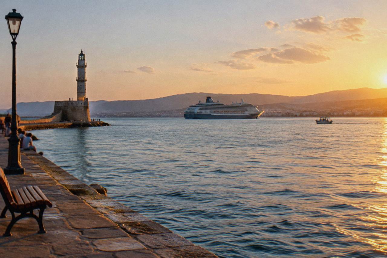 A cruise ship at anchor in a wide bay with low hills on the horizon