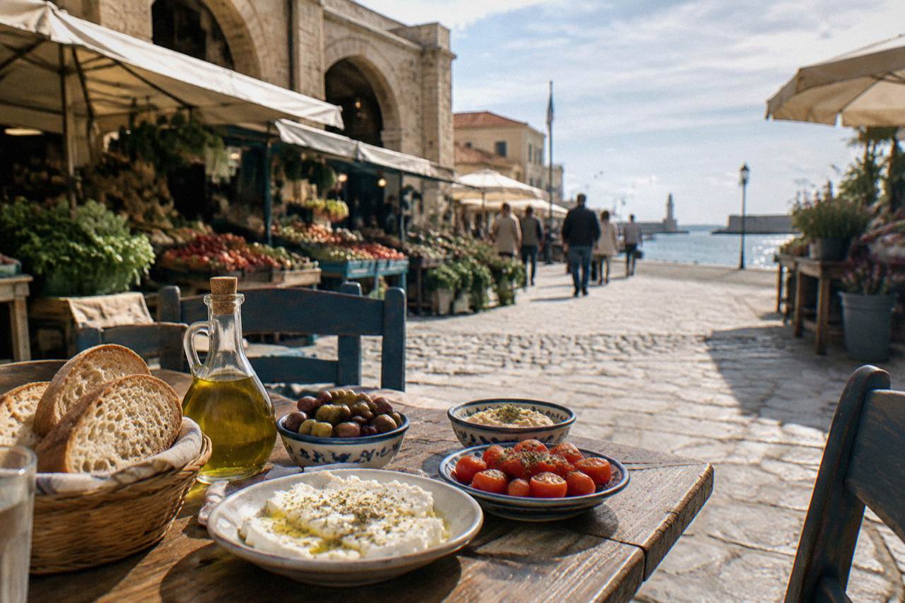 An outdoor table with bread, olive oil and small dishes on a sunny street in Chania