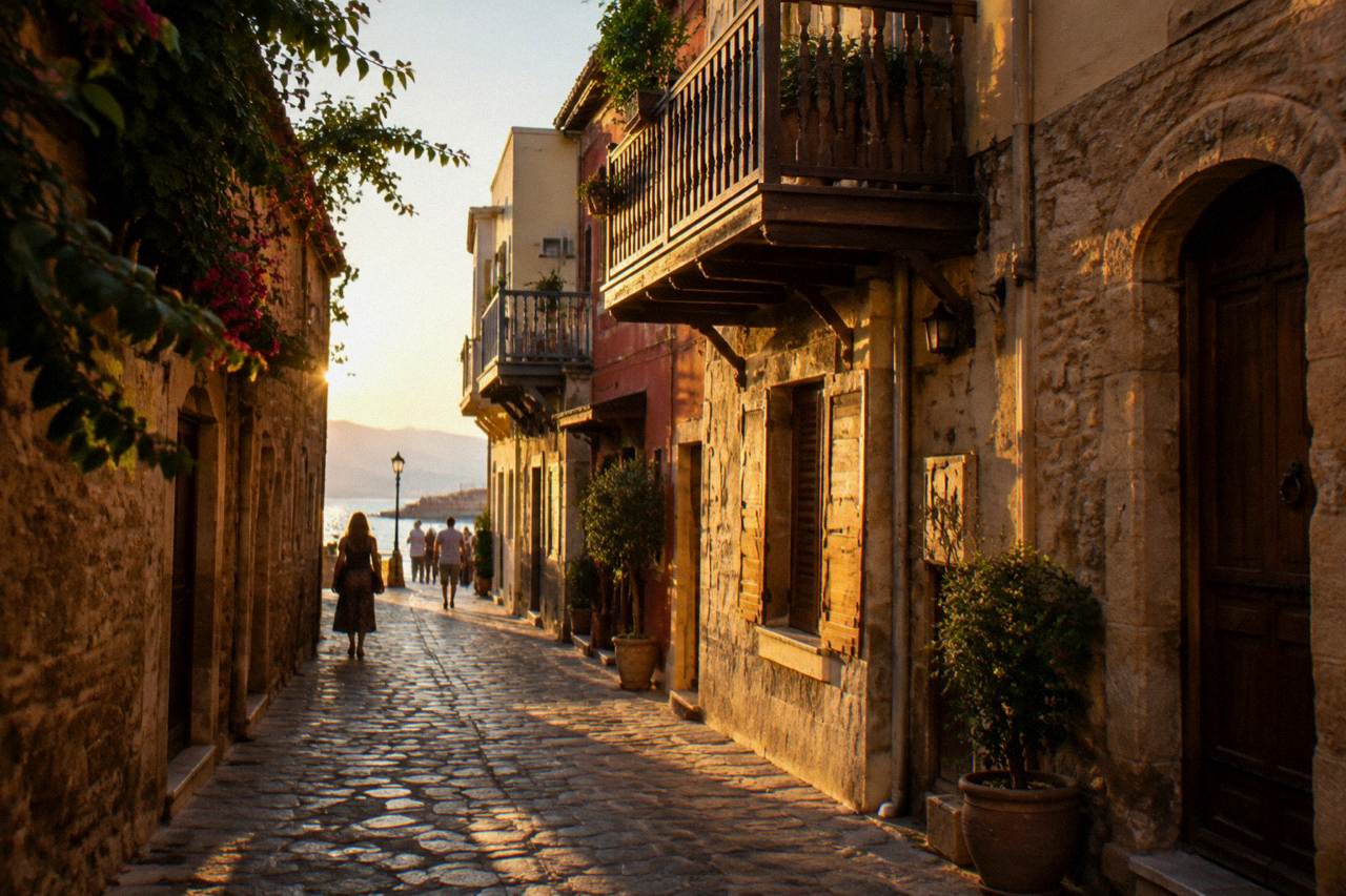 Narrow stone street in Chania Old Town with wooden balconies and a few pedestrians in the shade