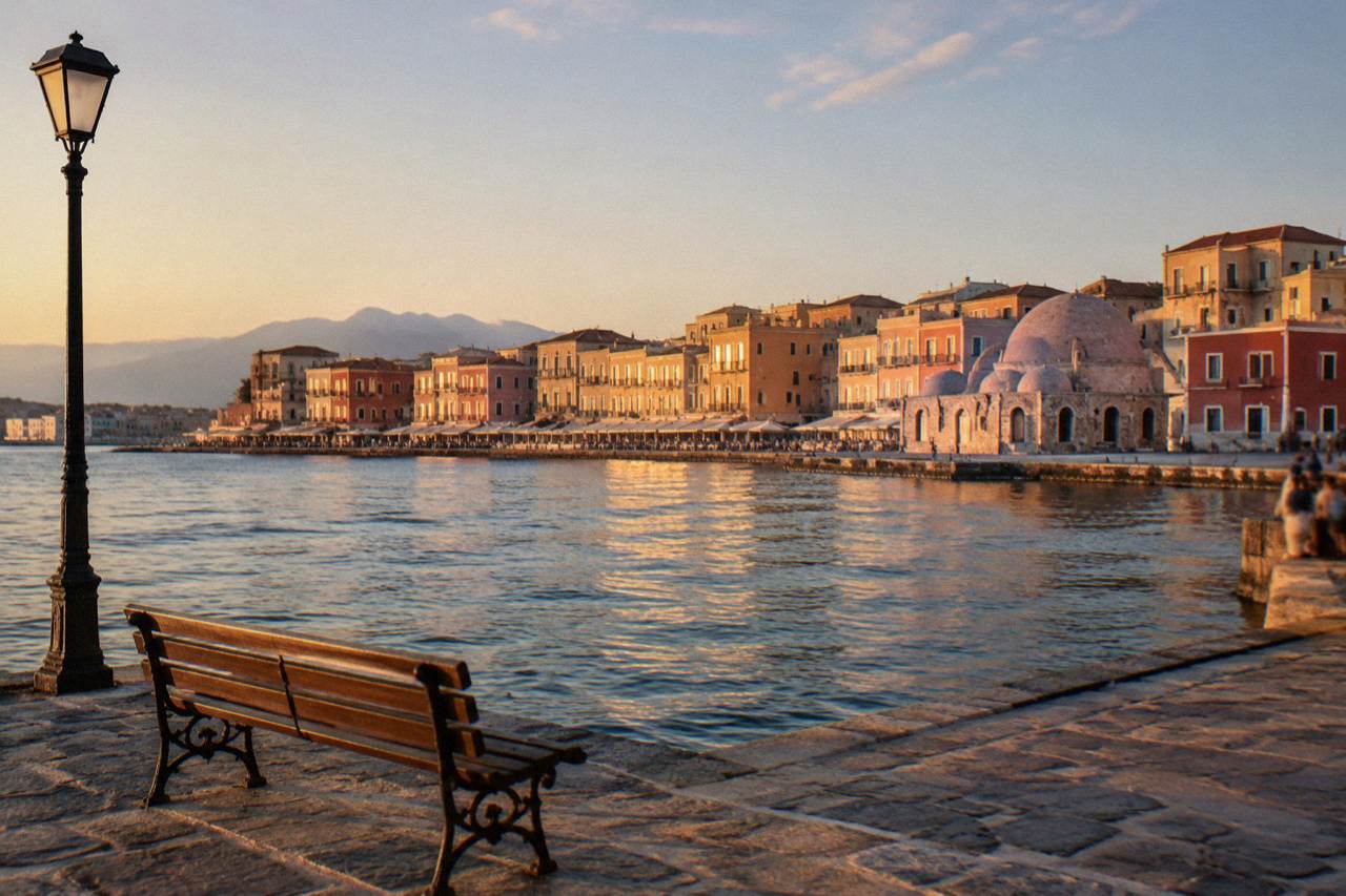 The Venetian Harbour of Chania seen from the mole, with pastel buildings along the waterfront