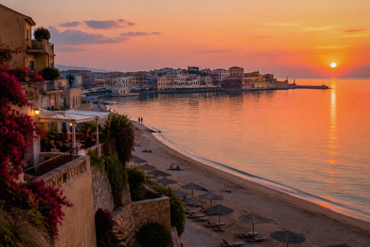 Hotels and apartments above a sandy beach looking towards a harbour town on a clear evening