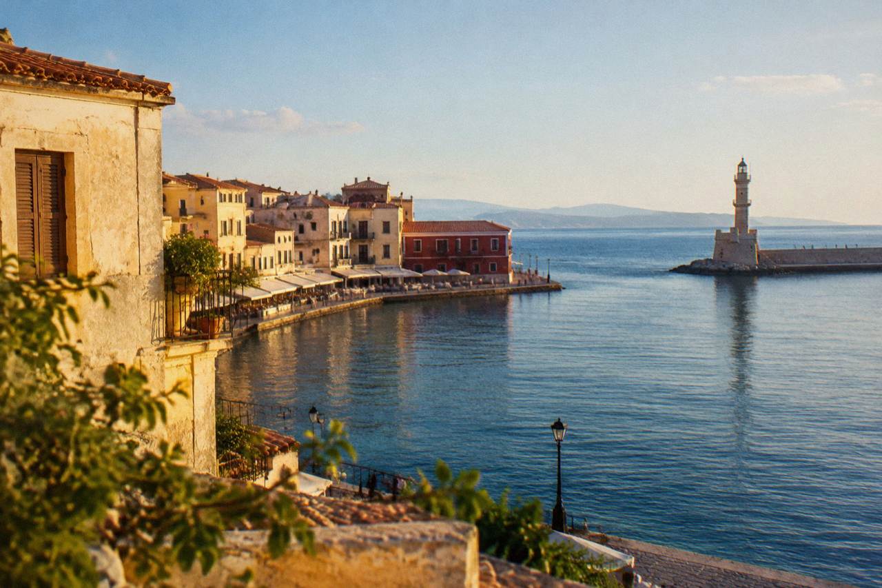 Old houses of Chania Old Town above the Venetian Harbour with the lighthouse in the distance