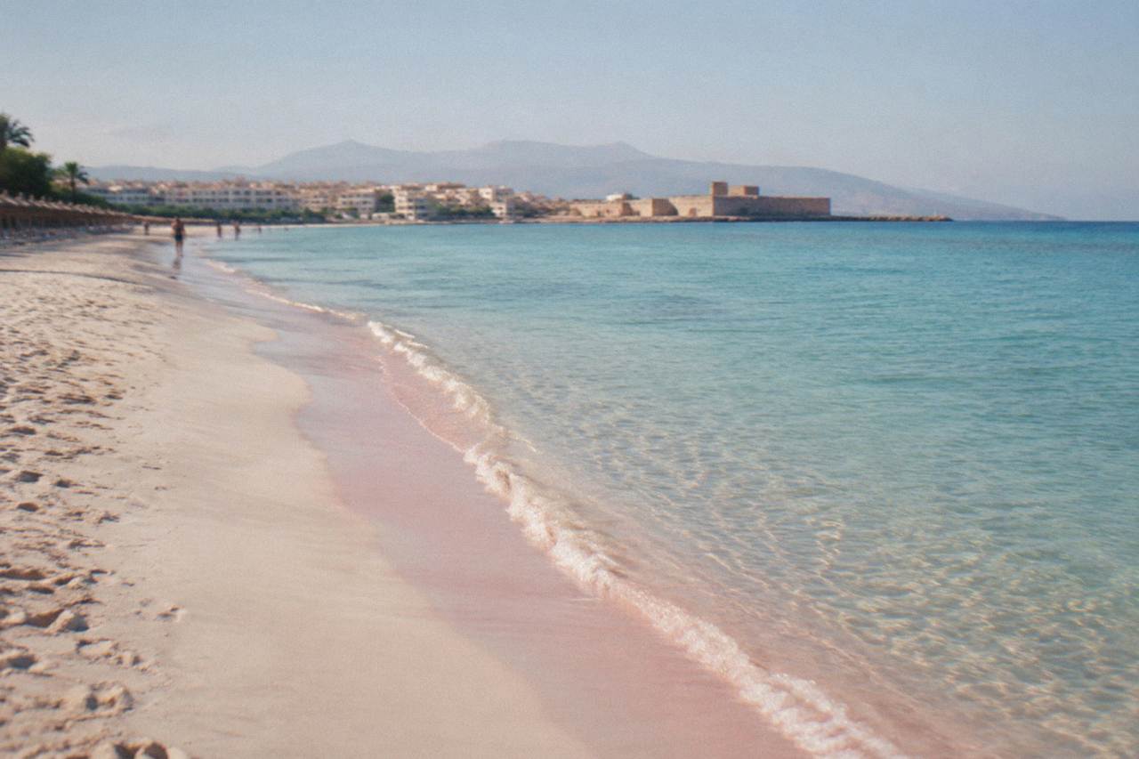 A wide sandy beach where the shoreline sand shifts from white to pale pink beside shallow turquoise water