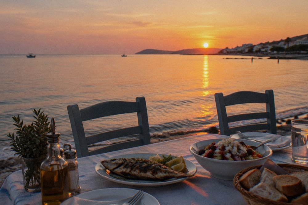 A taverna table beside the sea at dusk with grilled fish, salad and bread, chairs empty facing the water