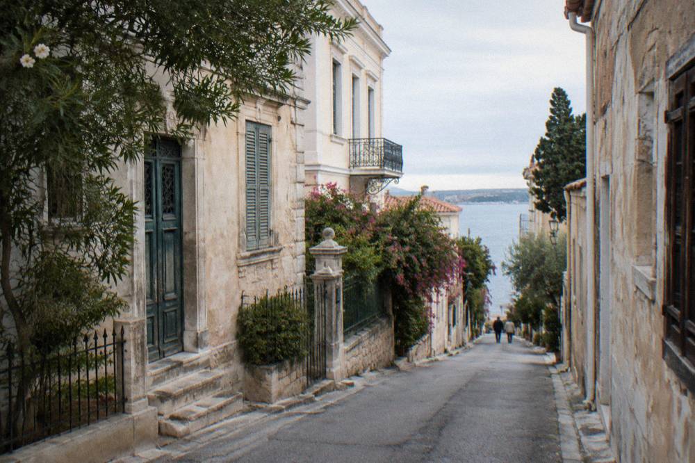 A shaded lane in Halepa with old villas on either side