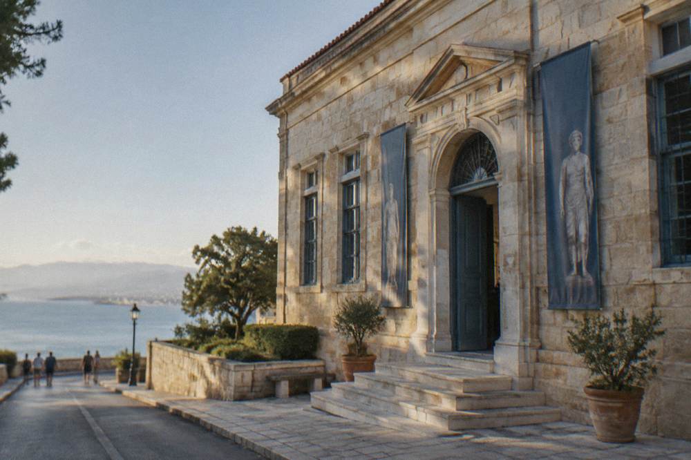 The facade of a museum building in Halepa with morning light on the stone