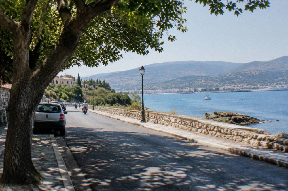 A coastal road near Halepa with the water of Souda Bay and hills beyond