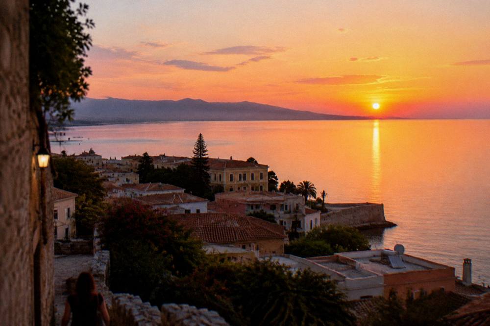 An evening view over Halepa rooftops toward the sea with distant hills