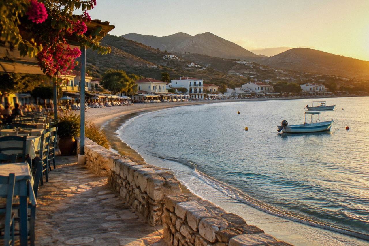 A small seaside village with tavernas along a curved sandy bay and hills rising behind