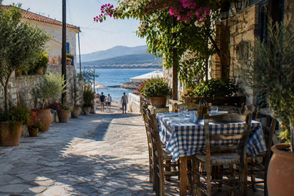 A stone village lane with potted plants and a taverna table set for lunch
