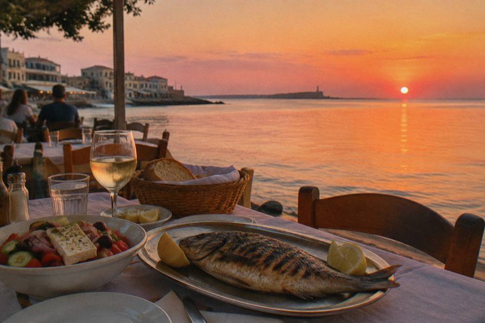 A taverna table beside the sea with grilled fish, salad and bread set out at dusk