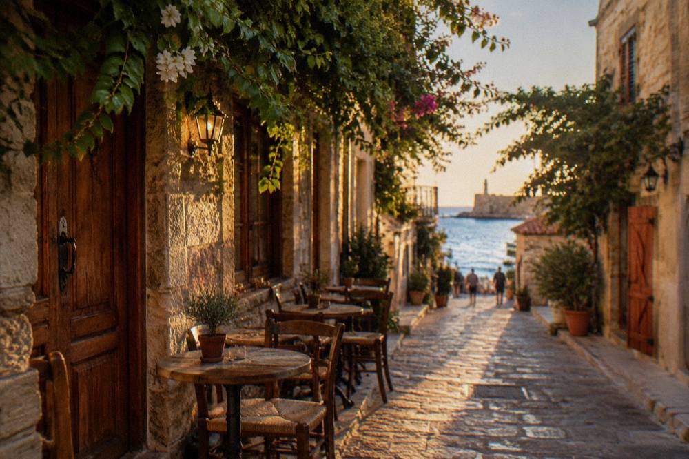 Narrow stone lane in the old quarter with hanging vines, wooden doors and cafe tables