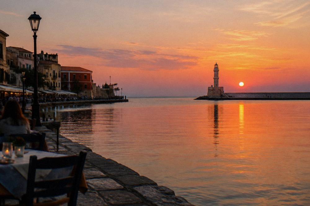 Venetian lighthouse at the end of the harbour mole seen across still water at dusk