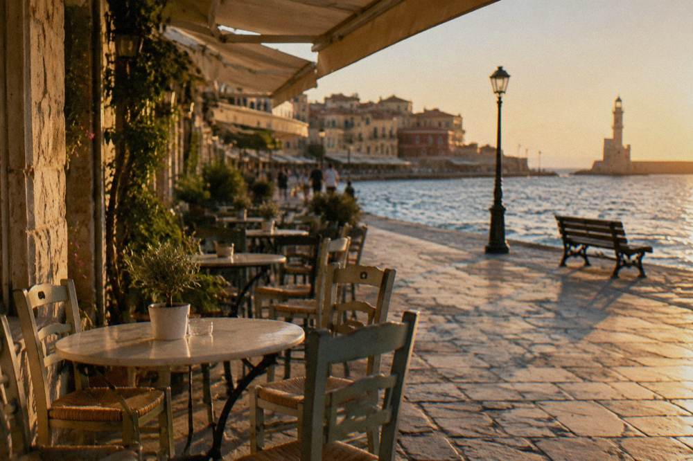 Cafe tables and chairs along a stone street in the old quarter with shaded awnings