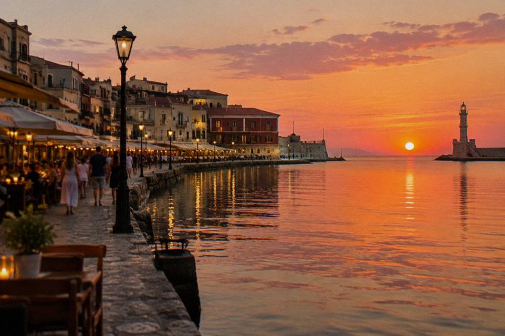 Evening light on the harbour front with lit restaurants and people strolling by the water