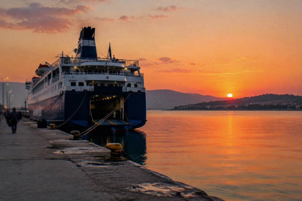 A large overnight ferry moored at a concrete quay beside calm evening water