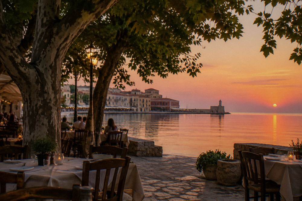 Shaded square in Splantzia with plane trees and taverna tables in the evening