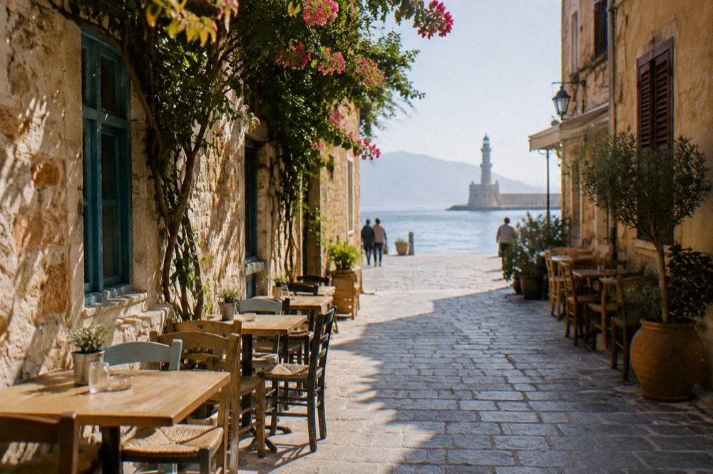 Sunlit stone street in Chania Old Town with café tables against old walls