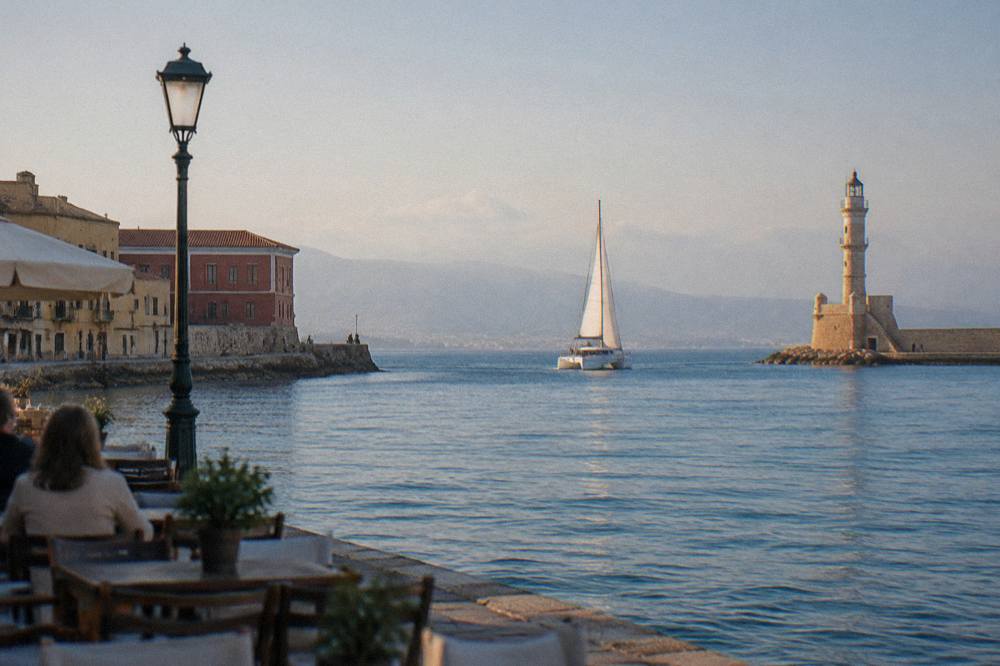 Catamaran under sail seen from the Chania harbour front near the lighthouse
