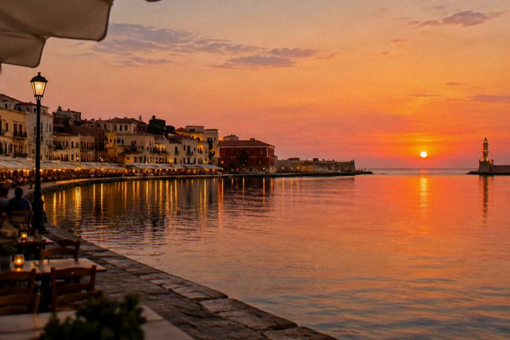 Evening view across Chania harbour toward lit old buildings and the sea