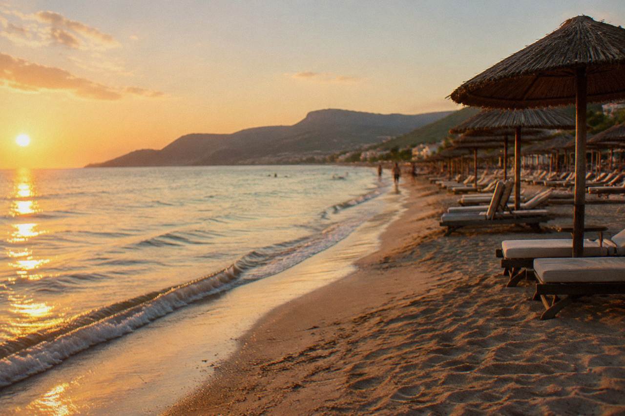 A long sandy beach with calm shallow water and sunbeds along the shore