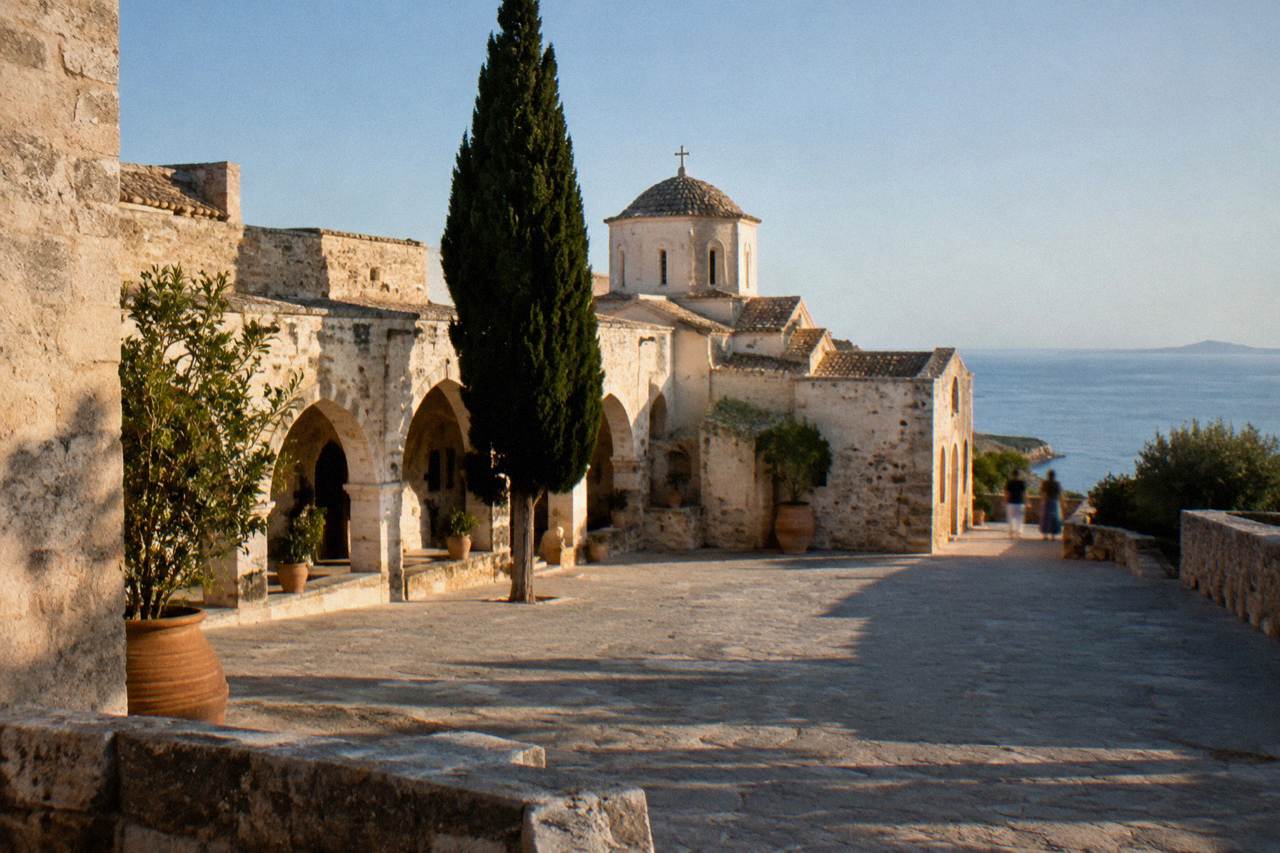 A stone monastery courtyard with arched facades under a clear sky on the Akrotiri peninsula